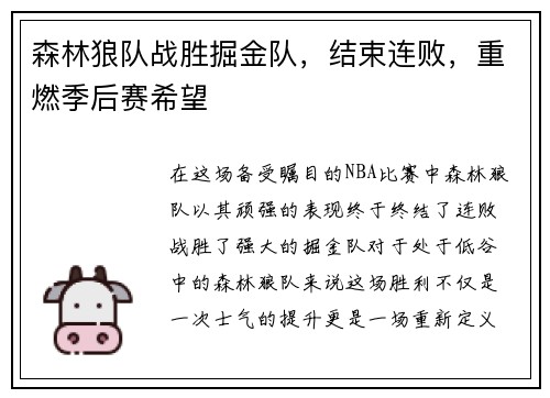森林狼队战胜掘金队，结束连败，重燃季后赛希望