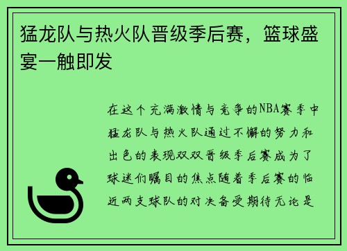 猛龙队与热火队晋级季后赛，篮球盛宴一触即发